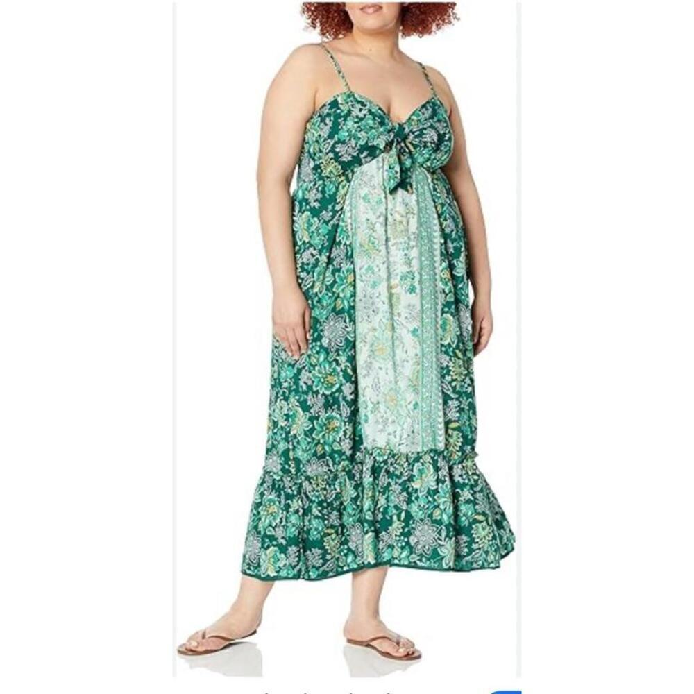 Angie Dress‎ Womens Large Green Floral Maxi Boho Bow Cutout Bohemian Cottagecore